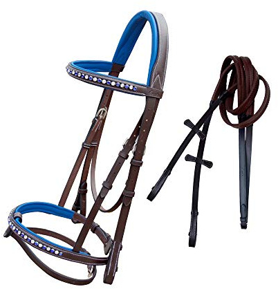 Exion Bling Bridle for Horses White & Dark Blue Bling Crystals Browband & Snaffle Noseband with Dark Blue Calf Padding & Rubber Reins | English Jumping Bling Bridle for Horses