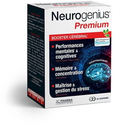 NEUROGENIUS PREMIUM | Nootropique Puissant pour Performances Mentales | Mémoire, concentration et Gestion du Stress | Formule avec 4 Complexes et Sensoril Cliniquement Testé | 60 Capsules - 3C PHARMA