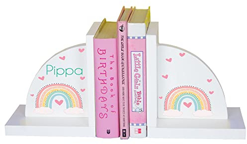 My Bambino Girl's Personalized Bookends White Wood for Children's Books Bohemian Pastel Rainbow | Baby Shower & Nursery Gift