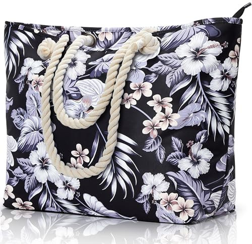 KALIDI Große Strandtasche mit Reißverschluss Wasserdicht Badetasche Strandtasche XXL Familie Beach Tote Bag mit Reißverschluss Große Shopper Damen Sporttasche Schultertasche, Blumen