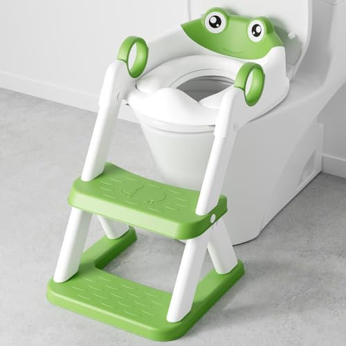 COOSEYA Frog Potty Training Seat, Upgrade 2 in 1 Toddler Toilet Seat,Waterproof Soft Mat Non-Slip Step Stool,Green