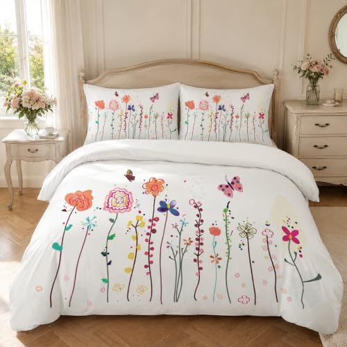 Linfye Housse de Couette 220x240 cm Papillon Fleur Colorée Parure de Lit Adulte avec Fermeture Éclair, Linge de Lit Parure Housse Couette 2 Personnes en Microfibre + 2 Taie d'oreiller 65x65 cm