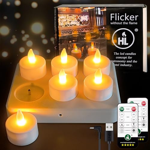 HL Led Teelicht Wiederaufladbar Flackernd mit Fernbedienung und Timerfunktion, 50+Stunden Aufladbare Teelichter mit Ladestation und USB-Kabel für Party Weihnachten Deko, 6 Stück,Gelb