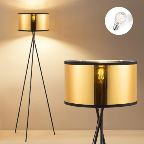 Home Sweet Home Moderner Scharz Metall Stehlampe | 53/53/138cm |mit E27 LED-Lichtquelle 4W 2700K | Stehleuchte Retro mit Dreibeinstativ| Mit Gold Lampenschirm|fur Schlafzimmer