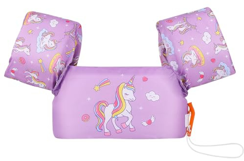 MoKo Manguitos Flotadores de Natación, Chaleco Sin Inflación para Natación con Patrón Lindo, Dispositivo de Entrenamiento para Niños en Piscina Playa Parque Acuático, Morado & Unicornio