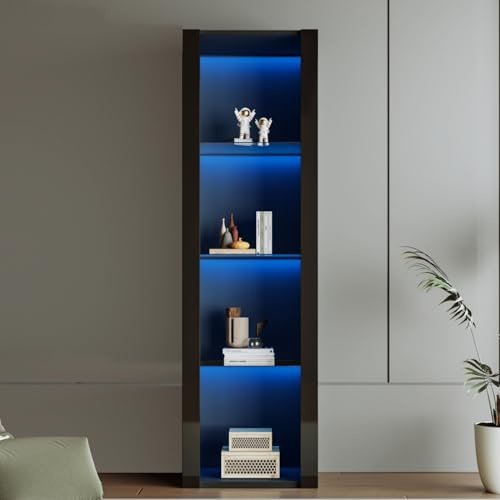 KOMHTOM Hochglanz schwarz Vitrinenschranke Sideboards mit LED, schmaler Schrank Eckschrank mit DREI Glaswänden Mehrzweckschrank für Wohnzimmer Schlafzimmer Flur Esszimmer (B, Schwarz)