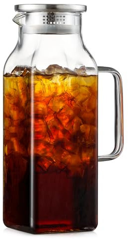 2 Quart (2 Liter 68 oz) Square Glass Pitcher with Lid and Spout, Water Pitchers with Handle for Fridge, Borosilicate Glass Carafe for Hot/Cold Drink, Large Jug for Iced Tea, Coffee,Juice,Milk,Beverage
