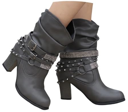 LDXEQIZ Botas De Media Caña for Mujer Botines De Moda con Remaches + Pedrería + Hebilla Booties Elegantes con Tacón En Bloque Botas Sin Cordones De Cuero PU Zapatos De Ocio Al Tobillo(Gray,36 EU)