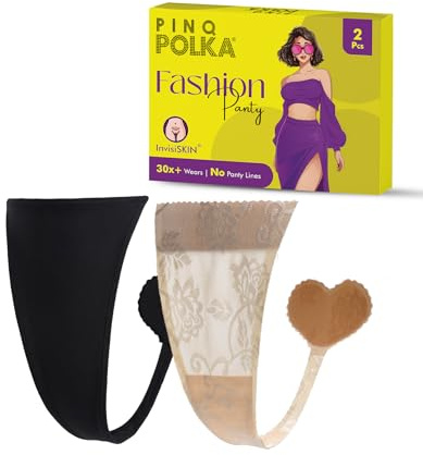 PINQ POLKA C String Thong Panties for Women - Seamless, Invisible Thongs with Adhesive - 12 Hour Sticking Capacity No Visible Panty Line Reusable Underwear (Large) Nude