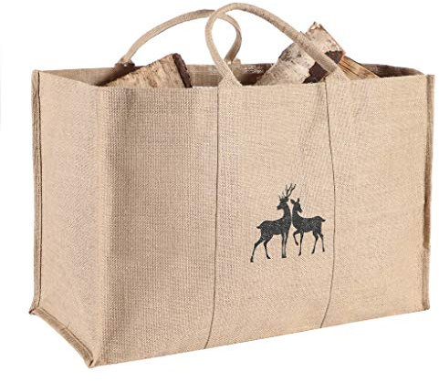 Jute Log Bag 50kg Log Store Log Basket Sack with Carrying Handle and Waterproof Coating Fireplace Log Storage Wood Baskets (Twin Deer)