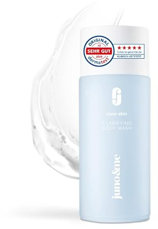 juno&me - Clarifying Body Wash – Tiefenreinigender Duschschaum gegen Unreinheiten – Mit AHA, BHA, Zink & Niacinamid – Reguliert Talg & verfeinert das Hautbild – Vegan – Made in Germany – 200ml