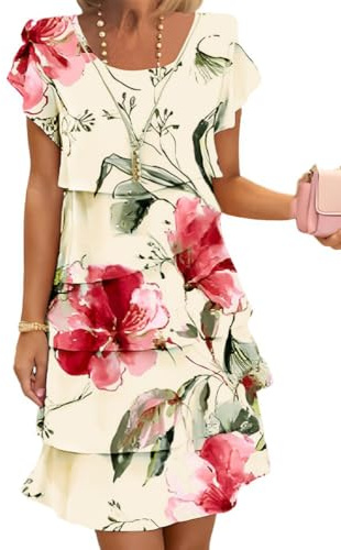 Onsoyours Femmes Été Robe en Mousseline Col Rond Élégante Robes De Soirée Fleurs Impression À Manches Courtes Volants Léger Et Respirant Mini Dress Décontracté Cocktail A04 Blanc XXL