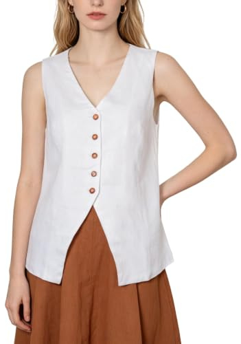 Amazhiyu Chaleco de lino puro para mujer, sin mangas, con botones, cuello en V, cintura de lino, blanco, L