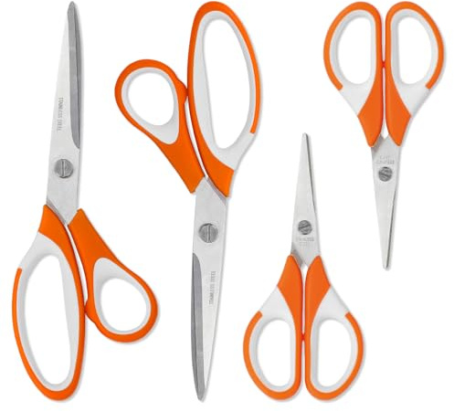 WISEPRO Saxset i rostfritt stål, 4 stycken – vassa blad, 2 mm tjocka, bekväma handtag, hållbar – multifunktionellt sax-set, perfekt för hantverk, kontor, skola och hushåll (orange-vit)