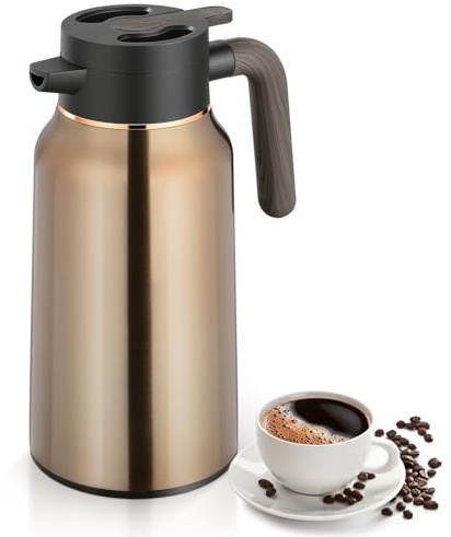 Voency 2Litre Stainless Steel Thermal Carafe Jugs,Gold Coffee Carafe with Lid, Double Walled Vacuum Insulated Coffee Pot with Press Button Top,36Hrs Heat&Cold Retention Thermal Jug Keep Hot & Cold