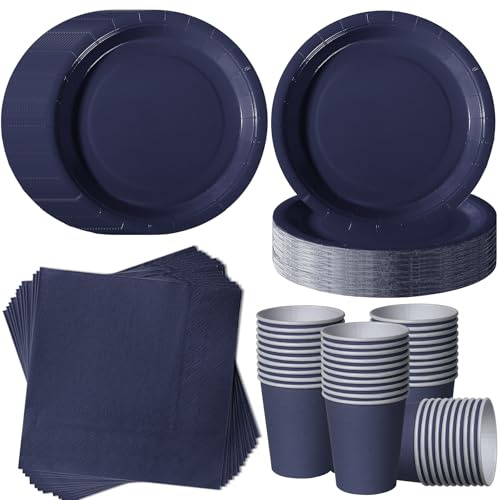 ZblPyro Set Stoviglie per Feste Blu Marino (40 Ospiti), con 40 Piatti carta Rotondi 18cm, Bicchieri di carta, Tovaglioli, Per Feste Uomini e Grill Party