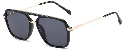 Long Keeper Gafas de Sol Piloto Mujer Hombre Vintage Gafas de Sol Cuadradas Doble Puente Años 70 Clásico Gafas Piloto Retro Protección UV400 (Negro Montura - Gris Oscuro Lente)