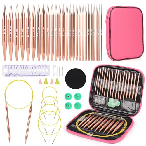 Aeelike rundstickor utbytbart set med fodral och tillbehör, 13 par 3 mm – 10 mm stickor set utbytbar, rund sticknål set utbytbart för nybörjare och vuxna, rosa