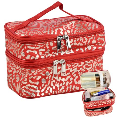 Bolsa de Cosméticos con Estampado de Leopardo y Grande Capacidad, 2 en 1 Neceser Maquillaje Organizador Impermeable Leopardo, Asa y Separador, con Portabrochas，Toiletry Bag for Women