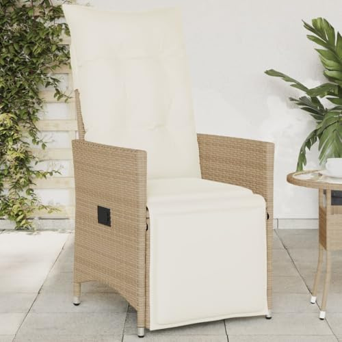 LoogCape Garden Chair with Cushion Adjustable Beige Poly Rattan Powder-Coated Steel 56 x 59 x 92 cm Balcony Chair Patio Chair Relaxing Chair with Cushion Weatherproof and Stackable