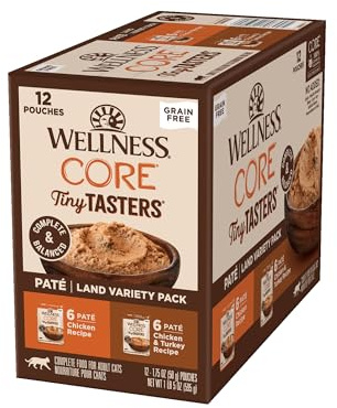 Wellness CORE Tiny Tasters Pate Variety Pack Adult Wet Cat Food, Natural, Protein Rich, Grain Free, Land Recipes, 1.75 oz, Pack of 12 Pouches