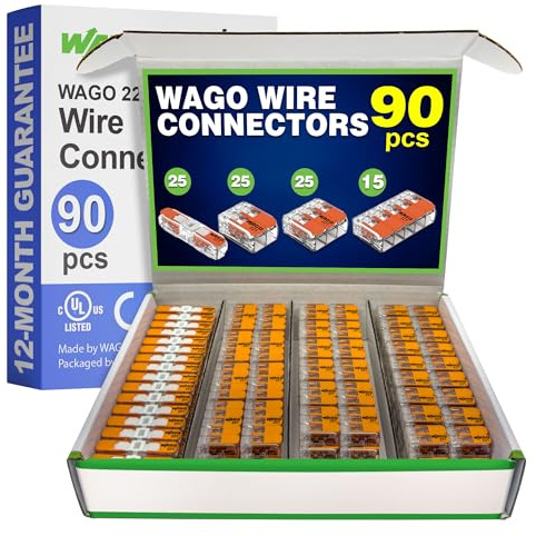 WAGO 221 Series 90pc Compact Splicing Wire Connectors | Includes (25x 221-2401), (25x 221-412), (25x 221-413), (15x 221-415) | WAGO Wire Connectors | 221 Straight Inline Splice | Electrical Lever Nuts