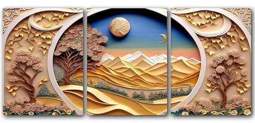 Stunning Intricate Gold of Arabesque Paper Quilling Landscape, Set of 3 Poster Print Painting, Home Wall Art Décor, Multiple Sizes (8 x 10 Inches)
