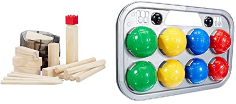 Relaxdays Wikinger Wurfspiel aus Kiefernholz, Natur Kubb Wikingerspiel, roter König, groß, Gartenspielzeug mit Tasche & Simba 107401391 - Boccia Spiel Tragekorb, 8 Kugeln 7x8cm, 2 Zielkugeln