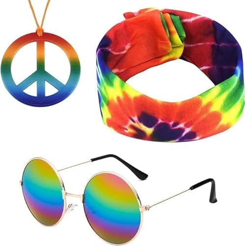 Yerozhui Set Costume Hippie in 3 Pezzi,accessori Hippie Con Occhiali Vintage Retrò Anni '60,collana Con Segno Di Pace E Fascia Colorata Per Costumi Da Festa Anni '60,'70 E '80,collana Hippie Uomo
