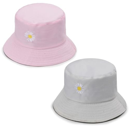 AWAVM Hinkhattar kvinnor 2 st tusensköna broderi hinkhatt damer sommar fiskarhatt vändbar bomull hink solhattar vikbar dubbelsidig hatt för tonåringar flickor resor utomhus beige och rosa, Beige och