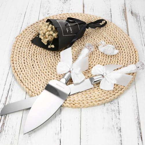 Ejoyous Stainless Steel & Crystal Wedding Cake Knife & Server Set, Romantic Design with White Ribbon or Burlap Lace, Perfect for Wedding Anniversary Reception