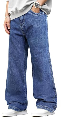 GINGTTO Jeans Uomo Baggy Pantaloni Dritti Larghi Leg Denim Loose Fit Relaxed Pants Blu 34