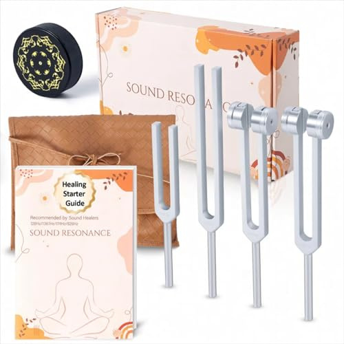 Juego de tenedores de afinación para curación, incluye cuatro frecuencias de 128 Hz, 136,1 Hz, 174 Hz, 528 Hz, accesorios de yoga y meditación, instrumentos de terapia de sonido chakra con activador