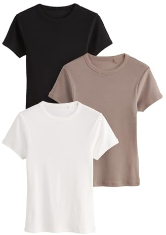 THE SET - T-Shirts à Manches Courtes Femme Côtelés - Noir, Marron Taupe et Blanc (Lot de 3) Noir/Taupe Marron/Blanc XL