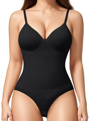 KUMAYES Shapewear Bodysuits for Women Tummy Control Shapewear with Built in Bra V-Neck Body Shaper Shaping Slimming Bodysuit(Black, M)