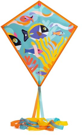 Djeco Aquilone oceanico - aquilone pop-up colorato con coda da 250 cm, poliestere resistente e fibra di vetro, manico lungo 40 m, custodia portaoggetti, divertimento all'aperto leggero per bambini dai