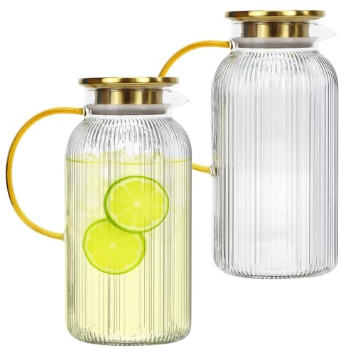 2 Pack Karaffe aus Borosilikatglas mit Deckel und Ausgießer - Glaskaraffe mit vertikalen Streifen für 2 Liter kaltes oder heißes Wasser - kalt gebrühten Kaffee, Limonade, Getränke, hitzebeständig