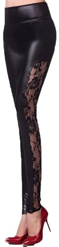 XNEOPP Legging Simili Cuir Dentelle Femme, Pantalon Skinny Gothique Gothique,Noir,M