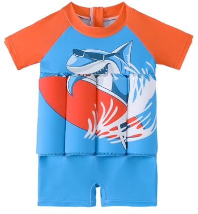 Toddler Floatation Swimsuit Boys, One Piece Float Suit with Built-in Floats, Cute Dino Shark Floating Swim Suit, UPF 50+ Floatie Bathing Suit, Blue Shark 4-5 Years