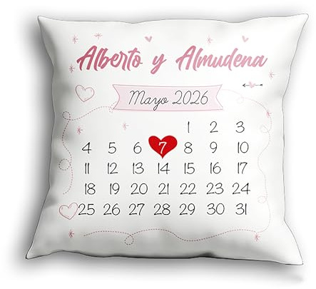 Genérico Cojín Personalizado con Calendario, Diseño Romántico con Nombres y Fecha, Rosa y Blanco, Decoración del Hogar, Regalo, Parejas, San valentín