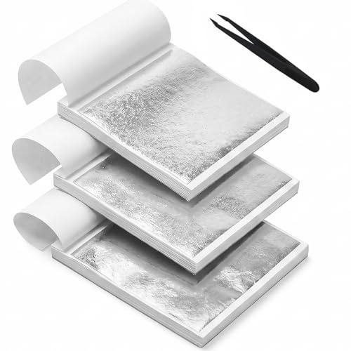 GETRICH 300 Hojas Pan de Plata de Imitación para Artes, 9x9CM Pan de Plata manualidades con Pinzas, Lámina Dorada para Dorado para Proyectos de Artes,Decoración de Muebles,Pintura y Manualidades,Uñas