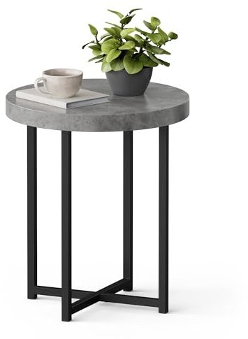 VonHaus Grey Side Table - Concrete Effect End Table – Living Room Table w/Industrial Black Legs – Round Small Table for Living Room, Dining Room, Lounge & Hallway – Circular Bedside Stand for Bedroom