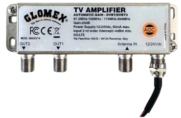 Glomex – Amplificatore TV/FM con Controllo Guadagno Automatico (AGC) 12/24Vdc, Modello 50023/14 – 2 Uscite, per Antenne TV Non Pre-Amplificate, Per barche a vela, motore, gommoni, yacht