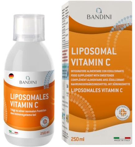 Bandini® Vitamina C Liposomiale Vegan Liquida 250ml, Vitamine C 1000mg Alto Dosaggio, Stanchezza e Affaticamento, Aroma Naturale Arancia, Vitamin C Senza Zucchero come Sodio Ascorbato, Pura da Bere