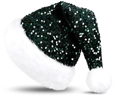 KONVINIT Grün Weihnachtsmütze Erwachsene Nikolausmütze Weihnachtsmann Mütze mit Glitzer Pailletten und Plüsch Rand Weihnachtself mütze für Festliche Weihnachtsfeier Tannenbaum,grün