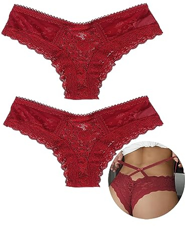 ohyeahlady Tanga Donna Pizzo Perizoma Sexy Hot Vita Alta Mutande Brasiliana Slip Biancheria Intima Taglie Forti T Back Biancheria Intima(M-L,Rosso)