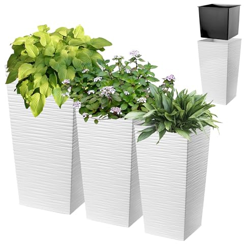 KADAX 3er Set Pflanzkübel mit Innentopf 57/68/75 cm Höhe, Weiß – wetterfeste & robuste Blumenkübel aus Kunststoff, Blumentöpfe für Innen- & Außenbereich