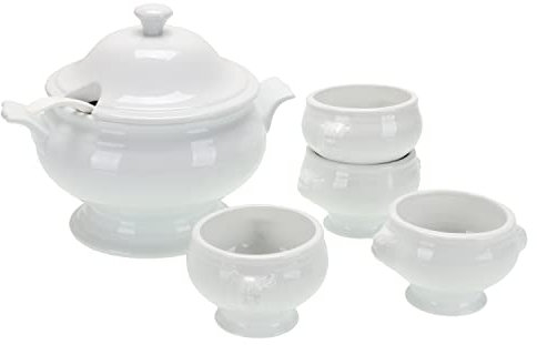 BIA Cordon Bleu Everyday Porcelain Classic Soup Tureen, Ladle & 4-(14 oz) Lion's Head Bowls, White