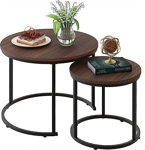 BAKAJI Juego de 2 mesas de salón empotradas, Forma Redonda con Estructura de Metal Negro y Tapa de Madera Nogal, mesas de café para Ahorrar Espacio, diseño Industrial, decoración de salón, casa,