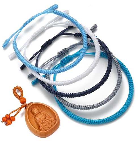 LUCKY BUDDHIST 5 Bracciali Tibetani Buddisti Regolabili – Bracciali in Corda Intrecciata per Uomo e Donna – Include Portachiavi Buddha in Legno